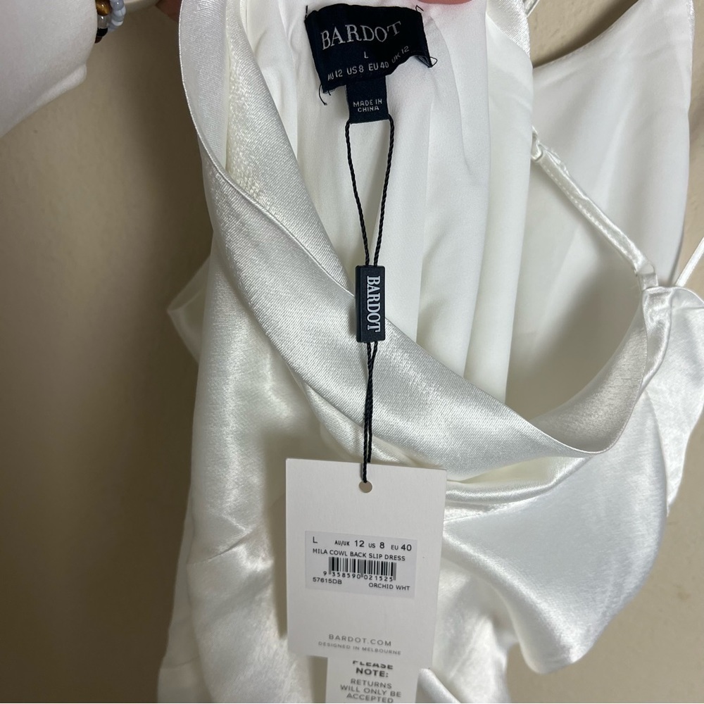 Bardot Slip Dress Large US 8 Mila Cowl Back Orchid White Midi Slit Satin Bridal - Picture 11 of 11